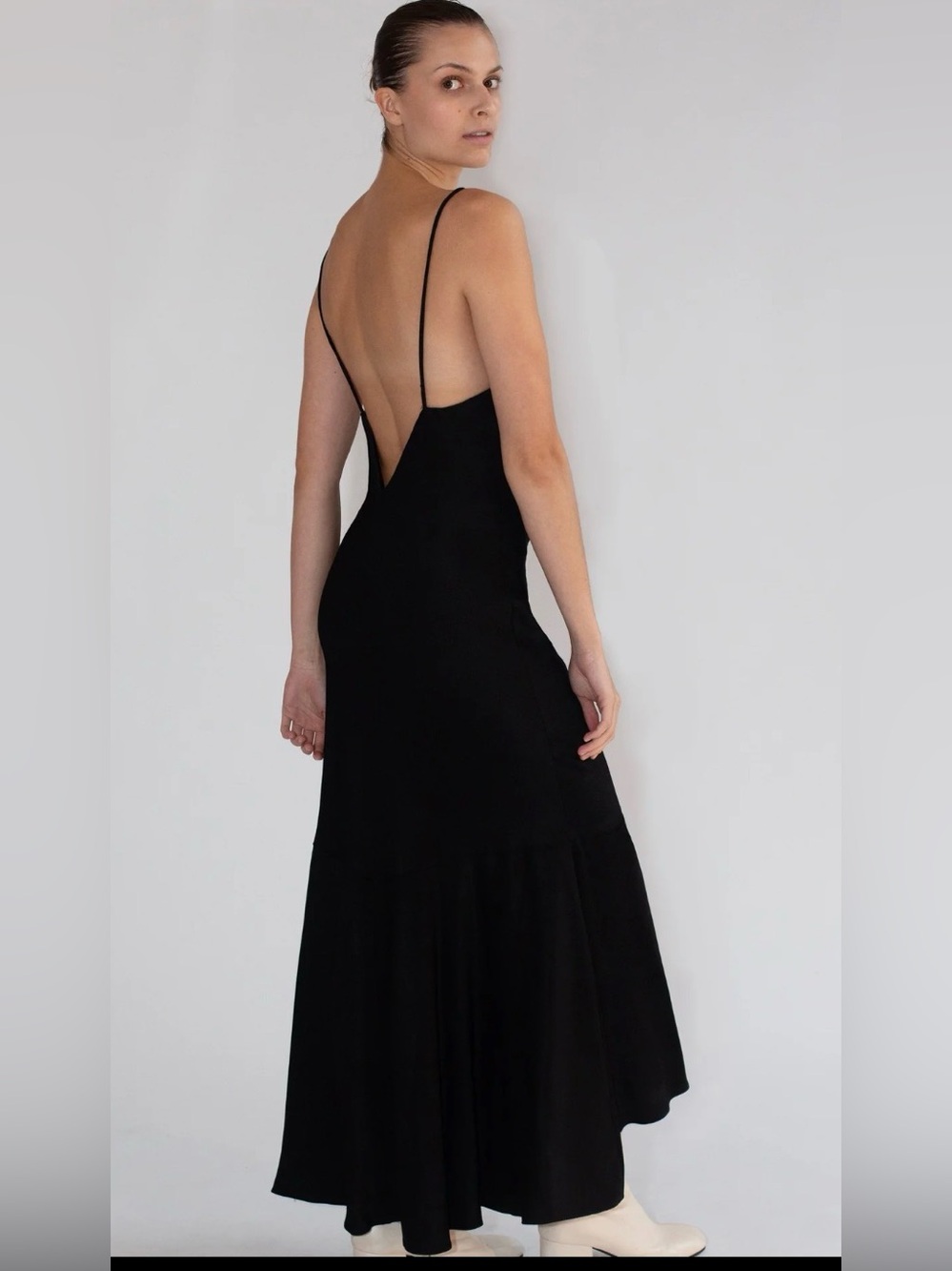 Delfina Balda Black Bias Cut Wedding Guest Midi Trumpet Dress Size Small